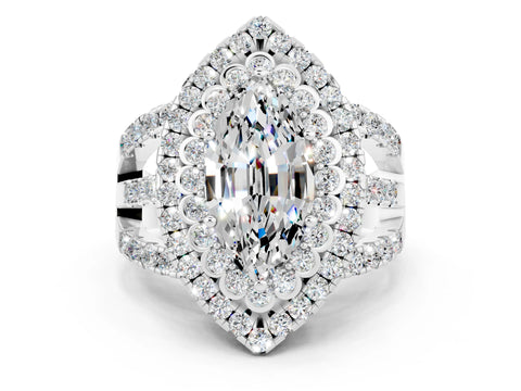 White gold Double Halo Marquise Cut Diamond Split Shank Pave Set Ring