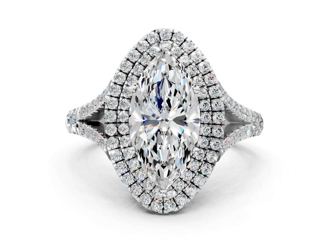White gold Double Halo Marquise Cut Diamond Split Shank Ring with Four Prong Setting_45