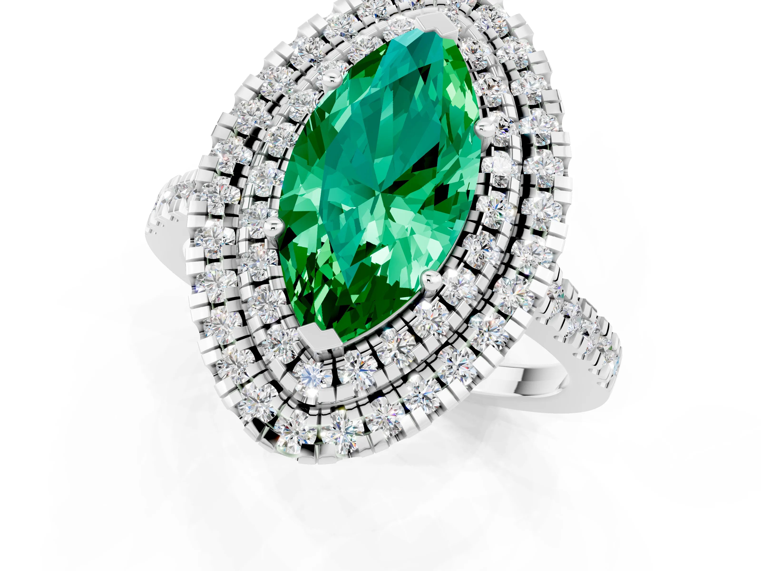 White gold Double Halo Marquise Cut Emerald Pavé Band with Four-Prong Setting_1