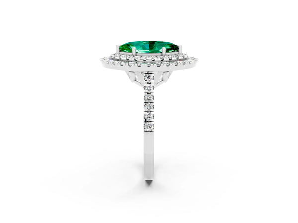 Silver Double Halo Marquise Cut Emerald Pavé Band with Four-Prong Setting