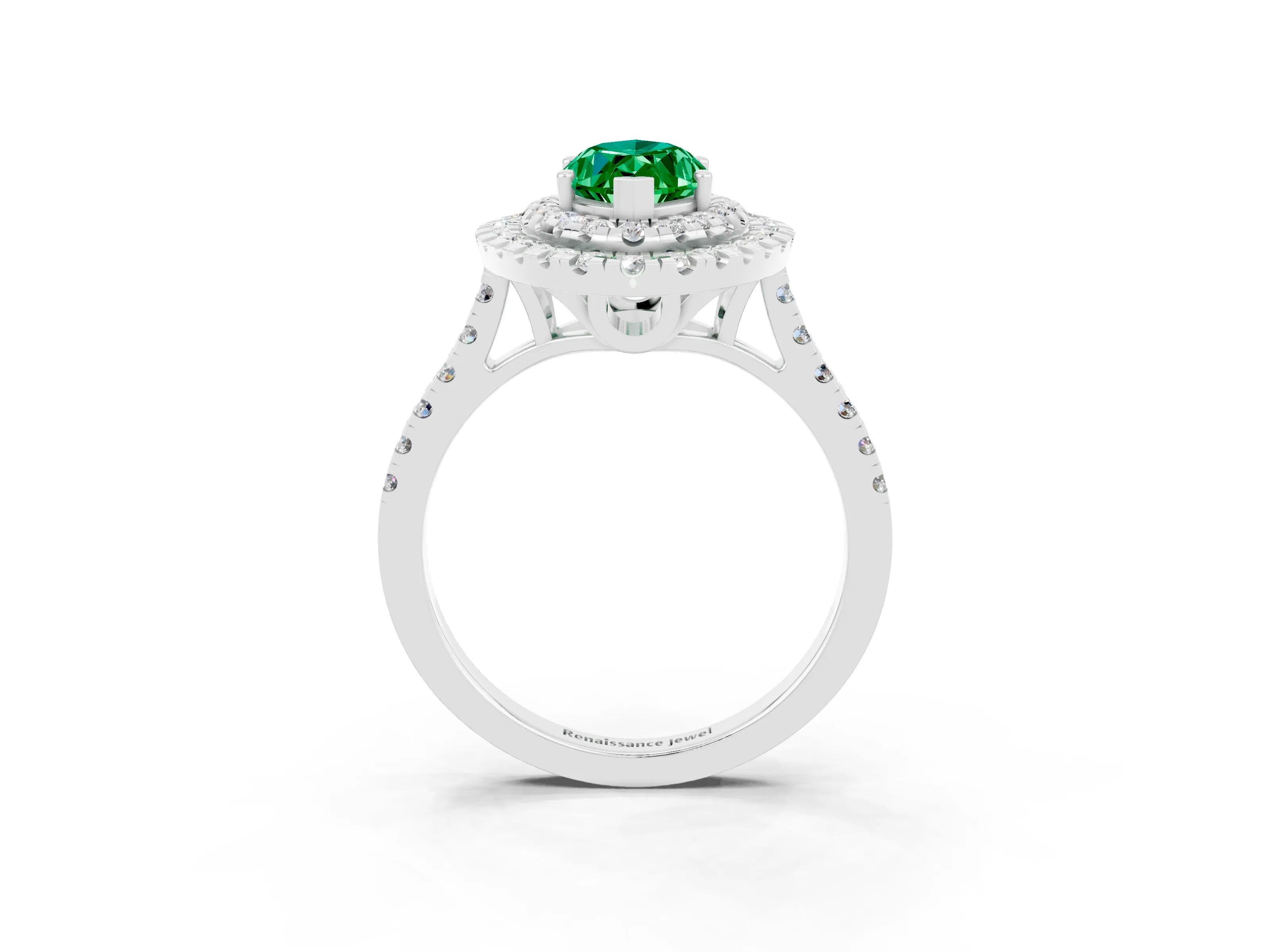 White gold Double Halo Marquise Cut Emerald Pavé Band with Four-Prong Setting_3