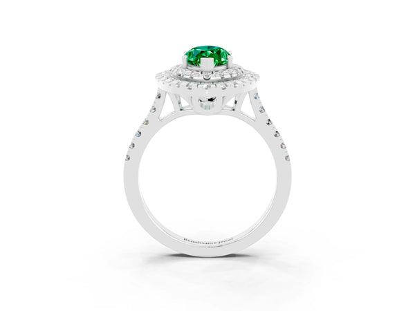 Silver Double Halo Marquise Cut Emerald Pavé Band with Four-Prong Setting