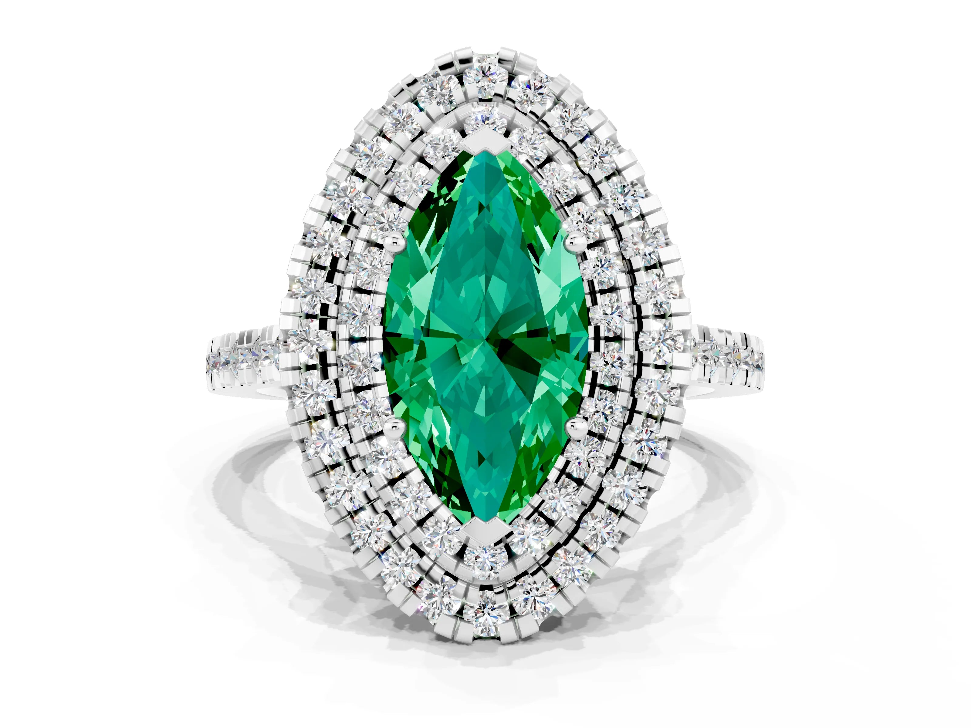 White gold Double Halo Marquise Cut Emerald Pavé Band with Four-Prong Setting