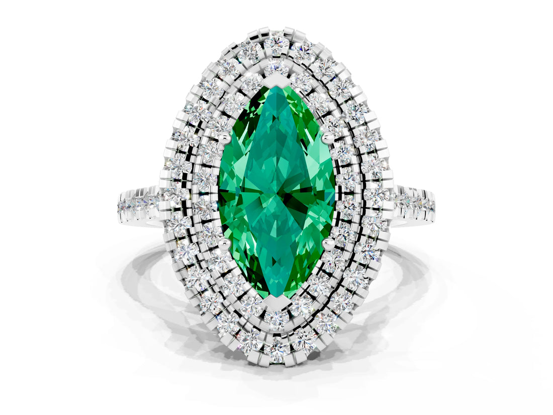 White gold Double Halo Marquise Cut Emerald Pavé Band with Four-Prong Setting