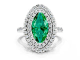 White gold Double Halo Marquise Cut Emerald Pavé Band with Four-Prong Setting