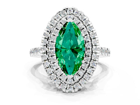 White gold Double Halo Marquise Cut Emerald Pavé Band with Four-Prong Setting