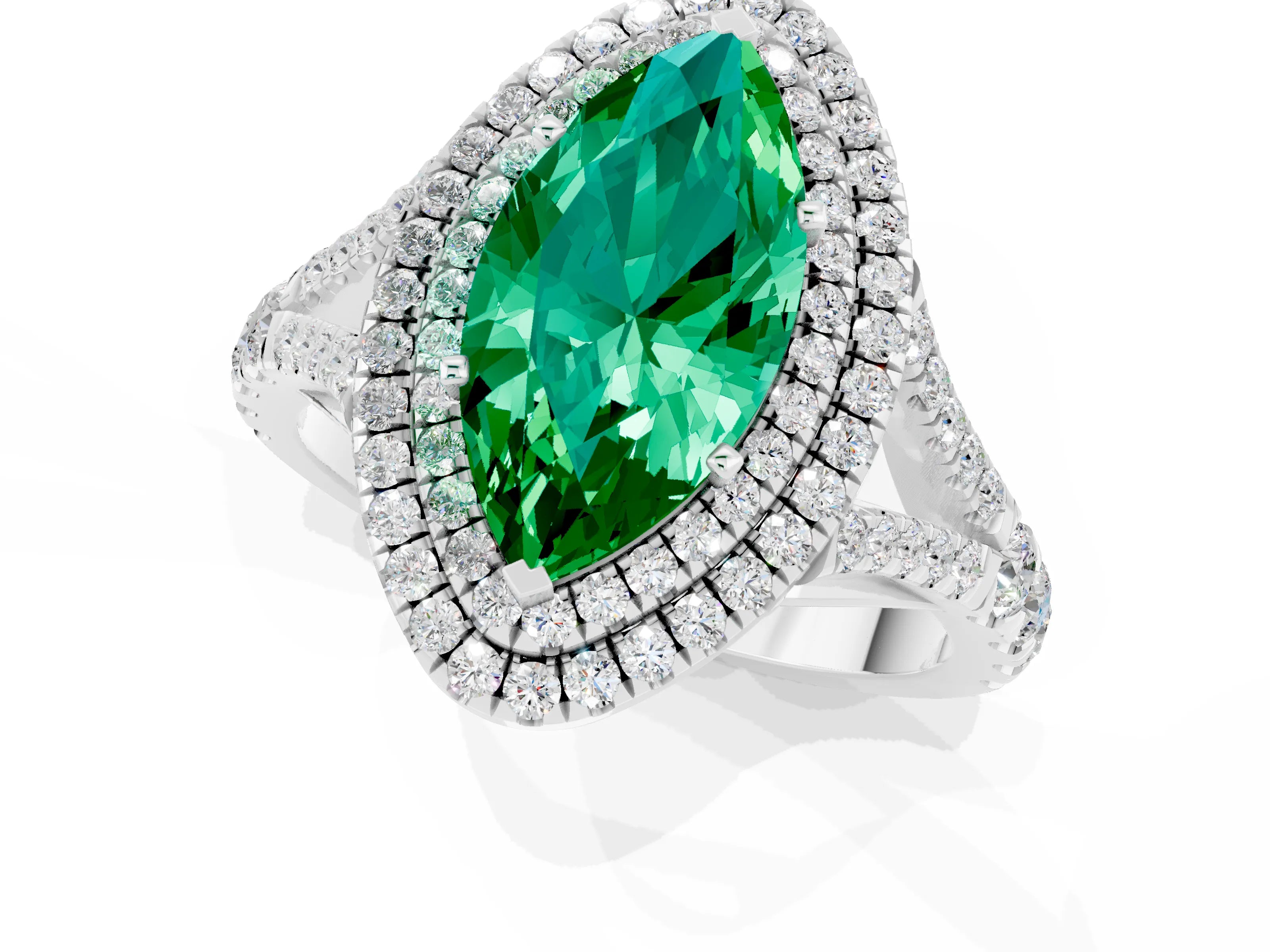 White gold Double Halo Marquise Cut Emerald Pavé Split Shank Ring with Prong Setting_1