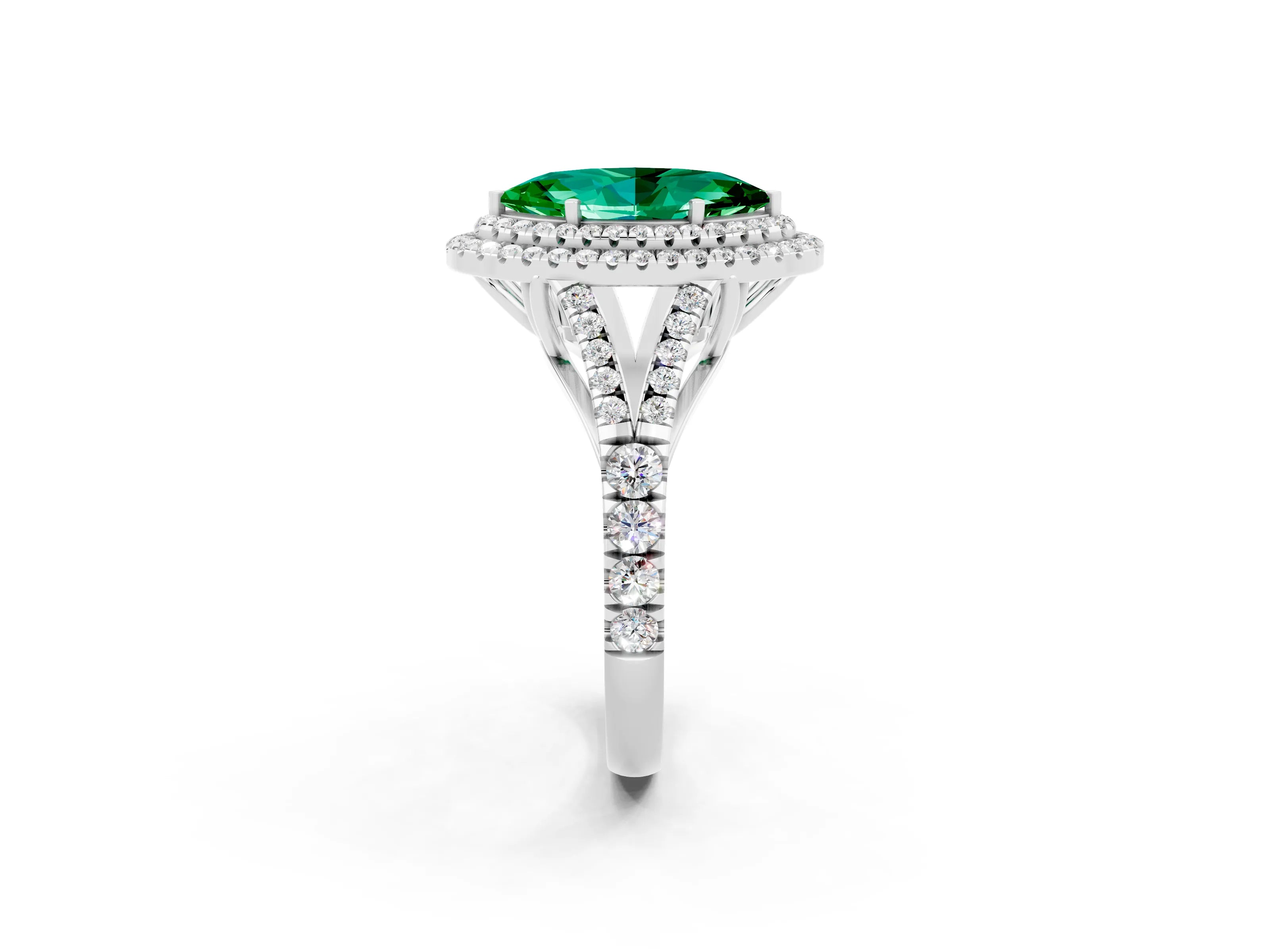 White gold Double Halo Marquise Cut Emerald Pavé Split Shank Ring with Prong Setting_2