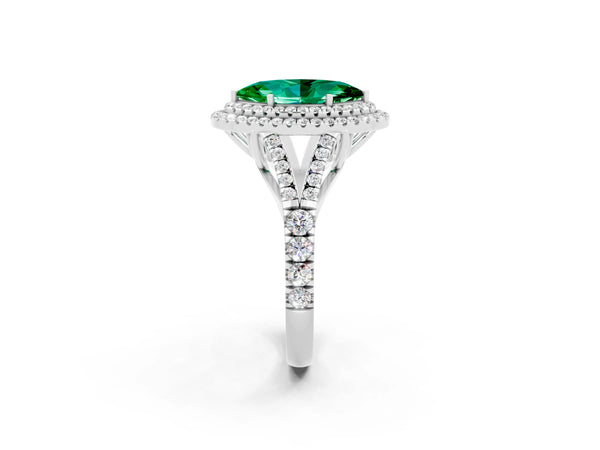 Silver Double Halo Marquise Cut Emerald Pavé Split Shank Ring with Prong Setting