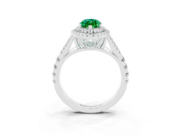 White gold Double Halo Marquise Cut Emerald Pavé Split Shank Ring with Prong Setting