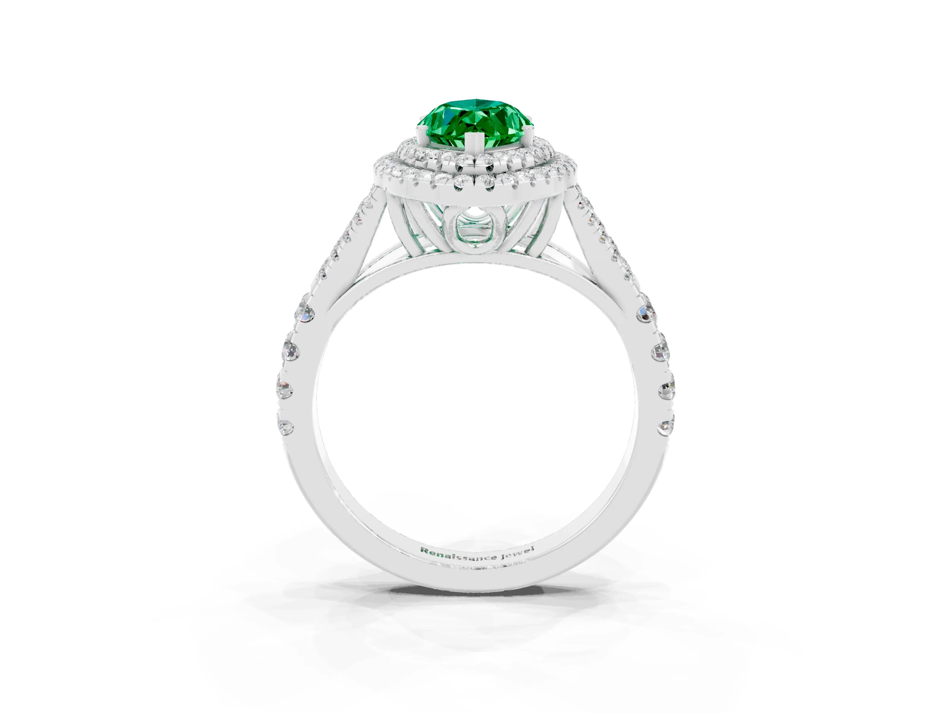 White gold Double Halo Marquise Cut Emerald Pavé Split Shank Ring with Prong Setting_3