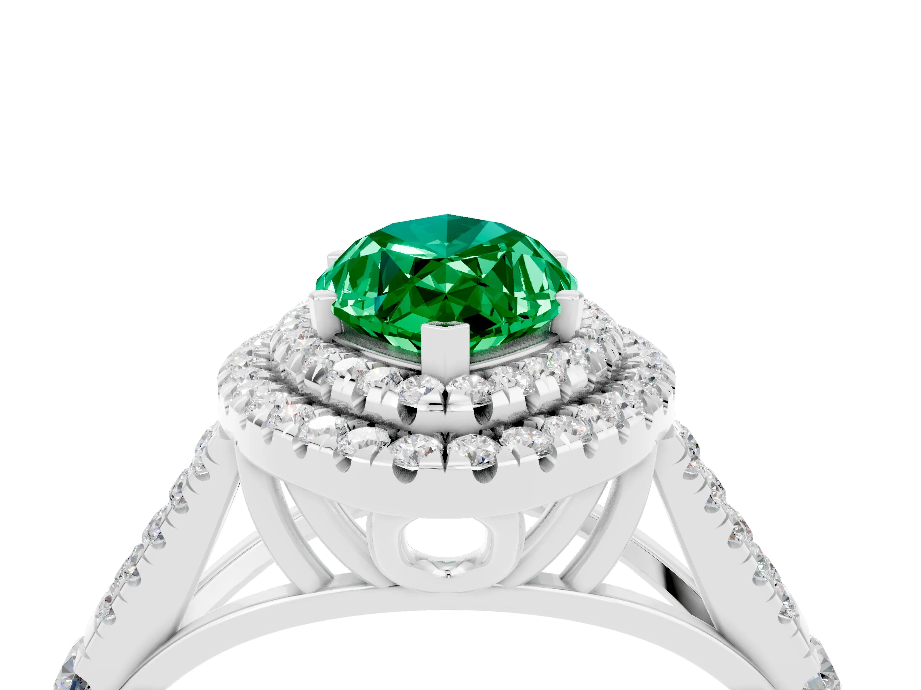White gold Double Halo Marquise Cut Emerald Pavé Split Shank Ring with Prong Setting_4