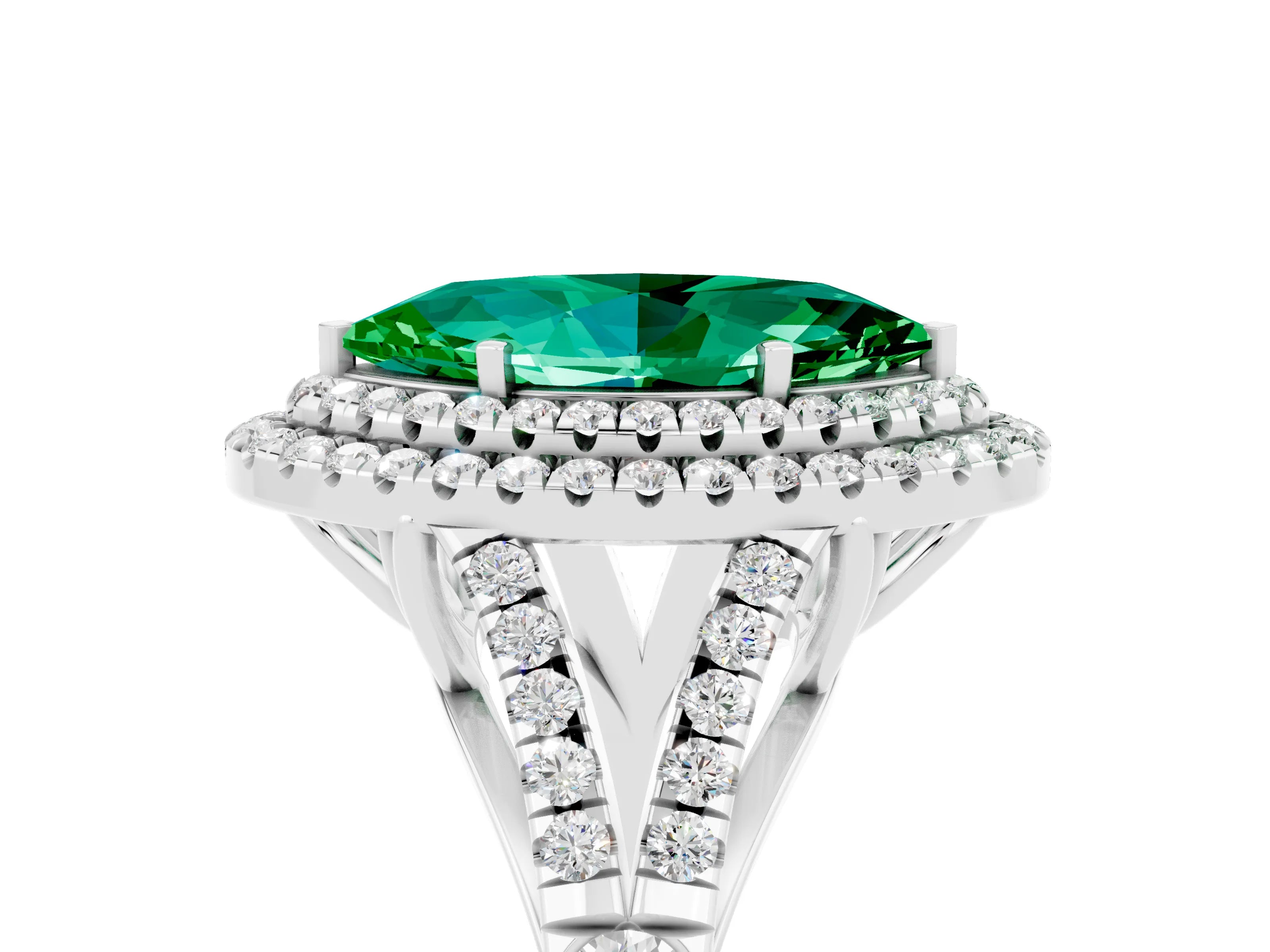 White gold Double Halo Marquise Cut Emerald Pavé Split Shank Ring with Prong Setting_5