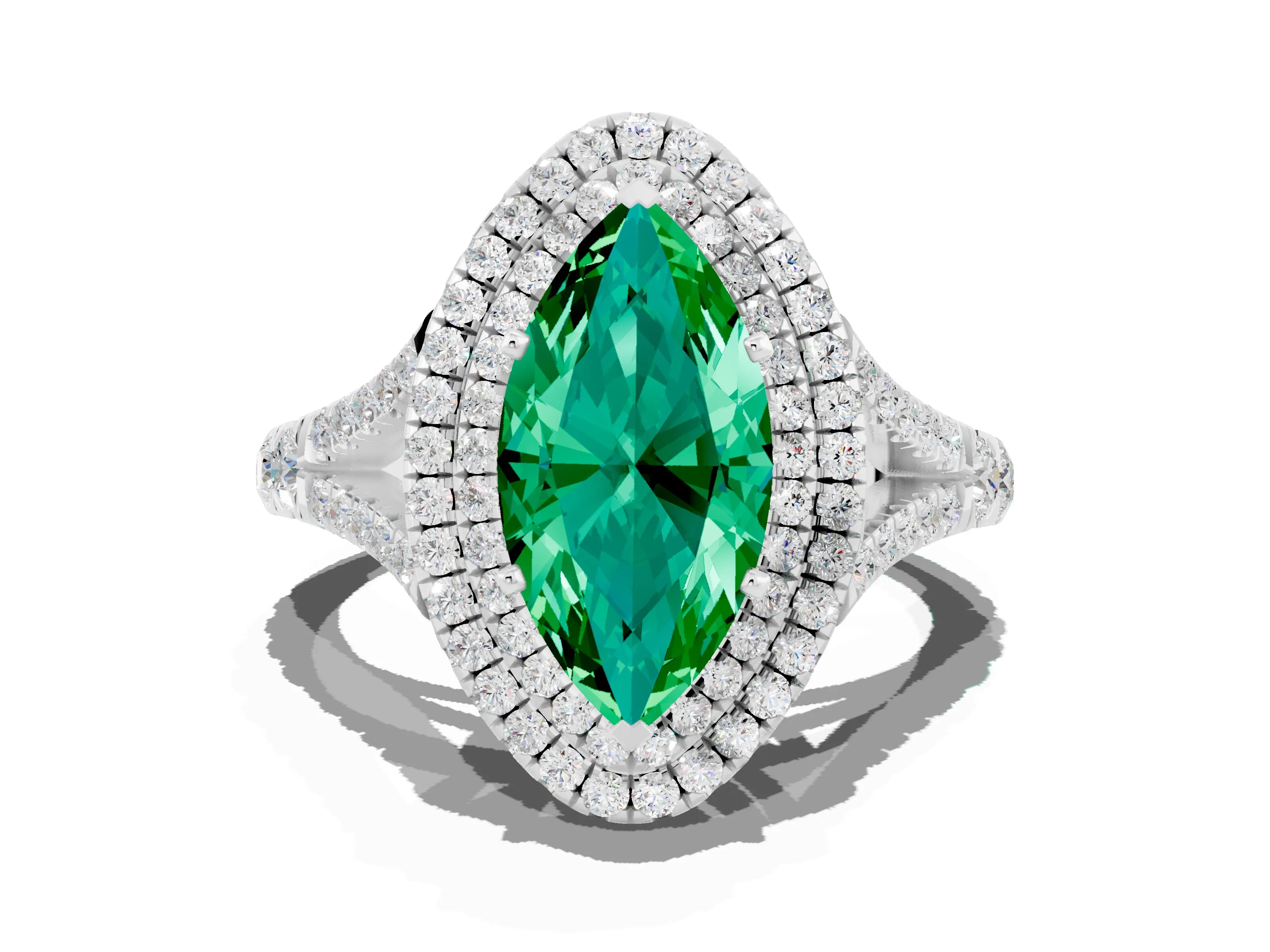 White gold Double Halo Marquise Cut Emerald Pavé Split Shank Ring with Prong Setting