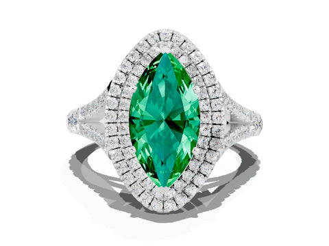 White gold Double Halo Marquise Cut Emerald Pavé Split Shank Ring with Prong Setting