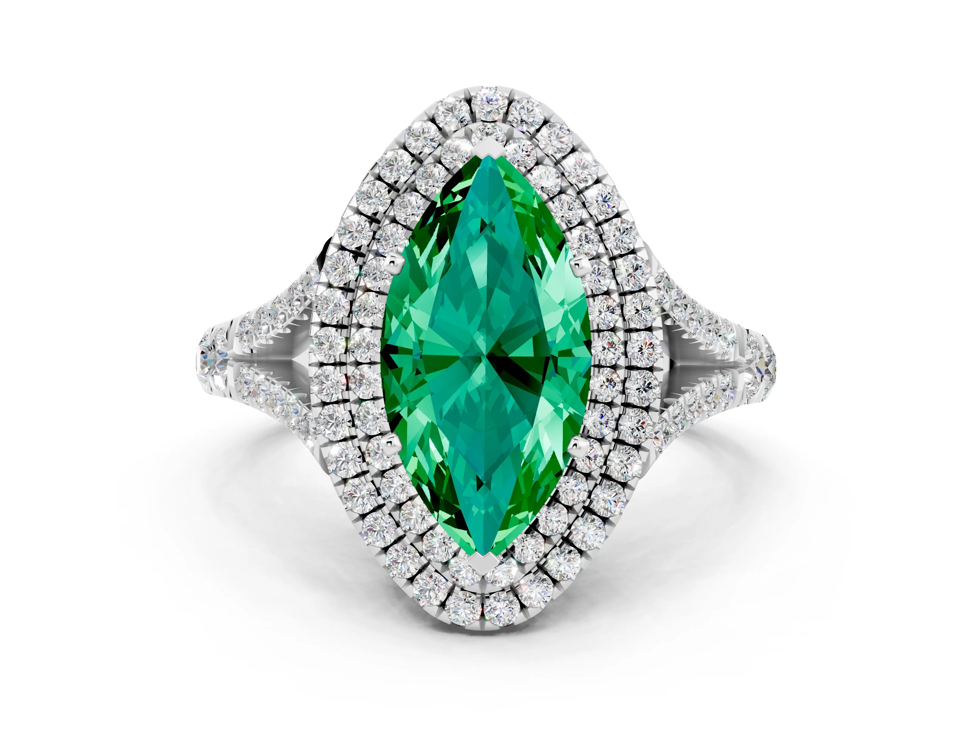 White gold Double Halo Marquise Cut Emerald Split Shank Engagement Ring with Four-Prong Setting