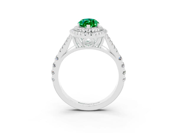 Platinum Double Halo Marquise Cut Emerald Split Shank Engagement Ring with Four-Prong Setting
