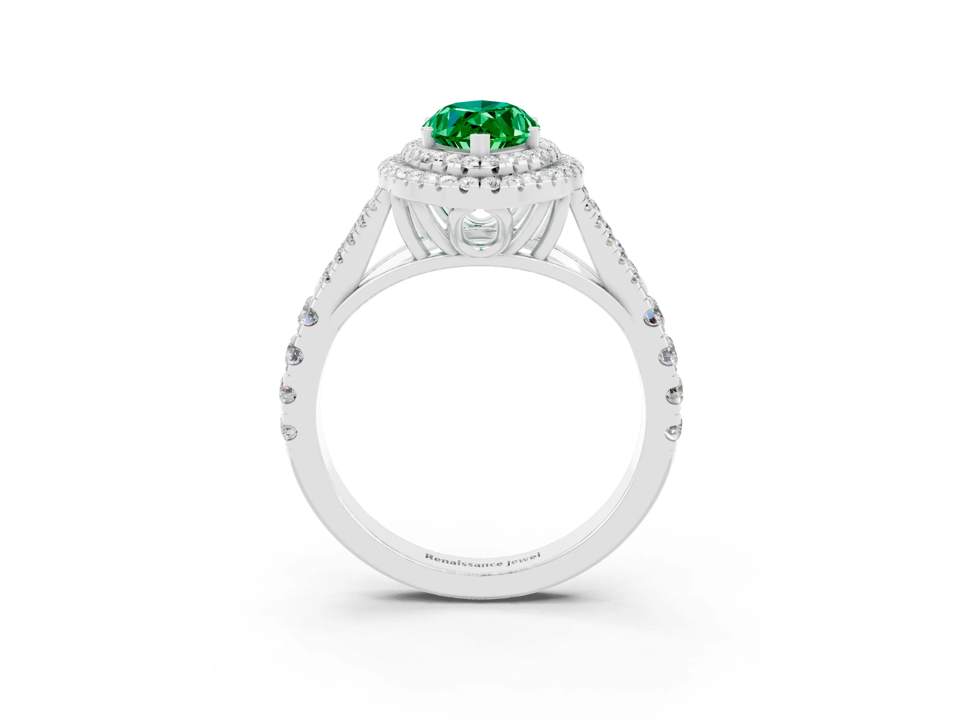 White gold Double Halo Marquise Cut Emerald Split Shank Engagement Ring with Four-Prong Setting_3