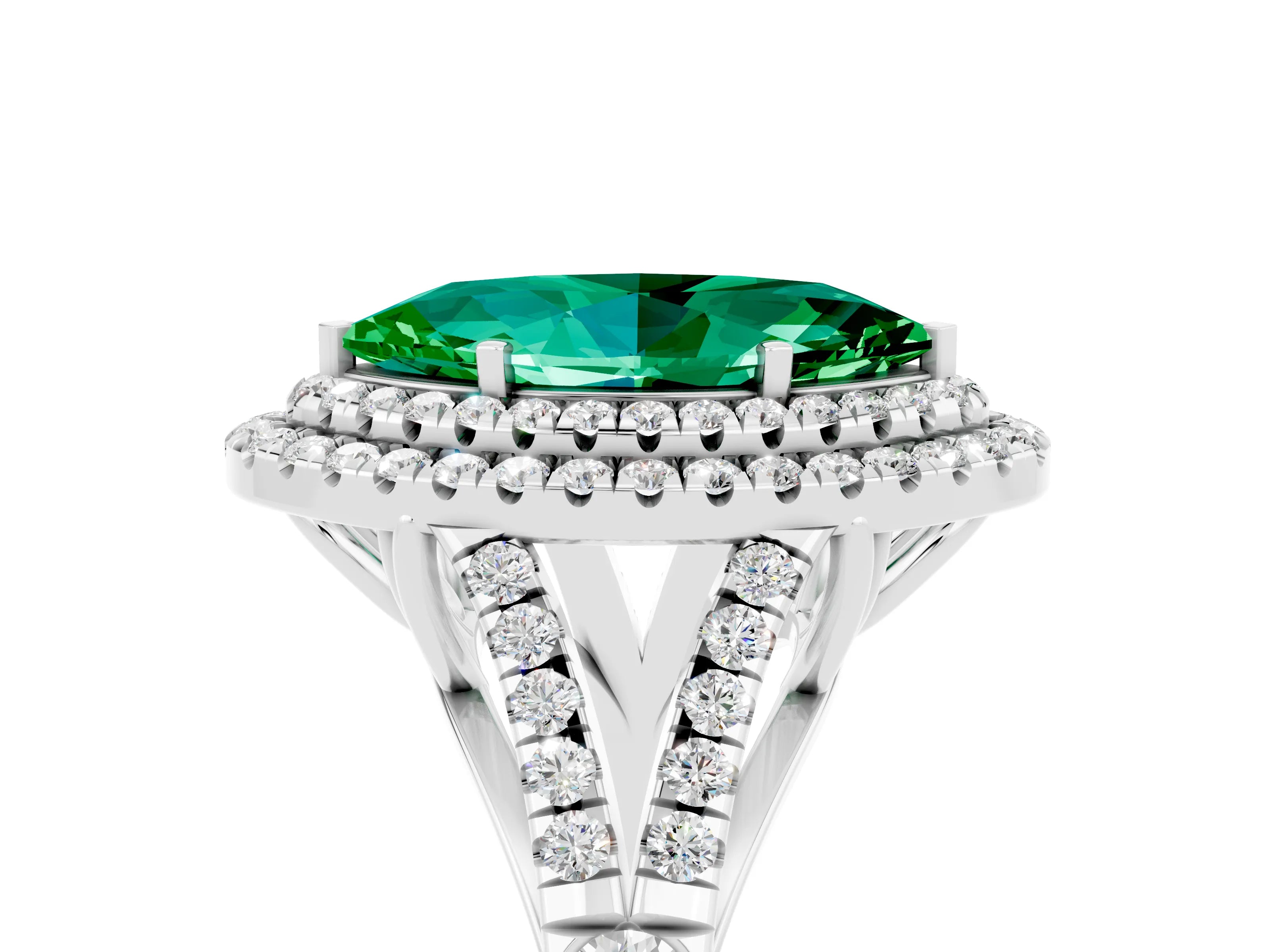 White gold Double Halo Marquise Cut Emerald Split Shank Engagement Ring with Four-Prong Setting_5