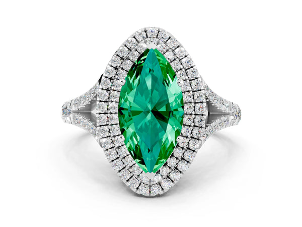 Silver Double Halo Marquise Cut Emerald Split Shank Engagement Ring with Four-Prong Setting
