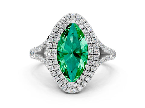 White gold Double Halo Marquise Cut Emerald Split Shank Engagement Ring with Four-Prong Setting