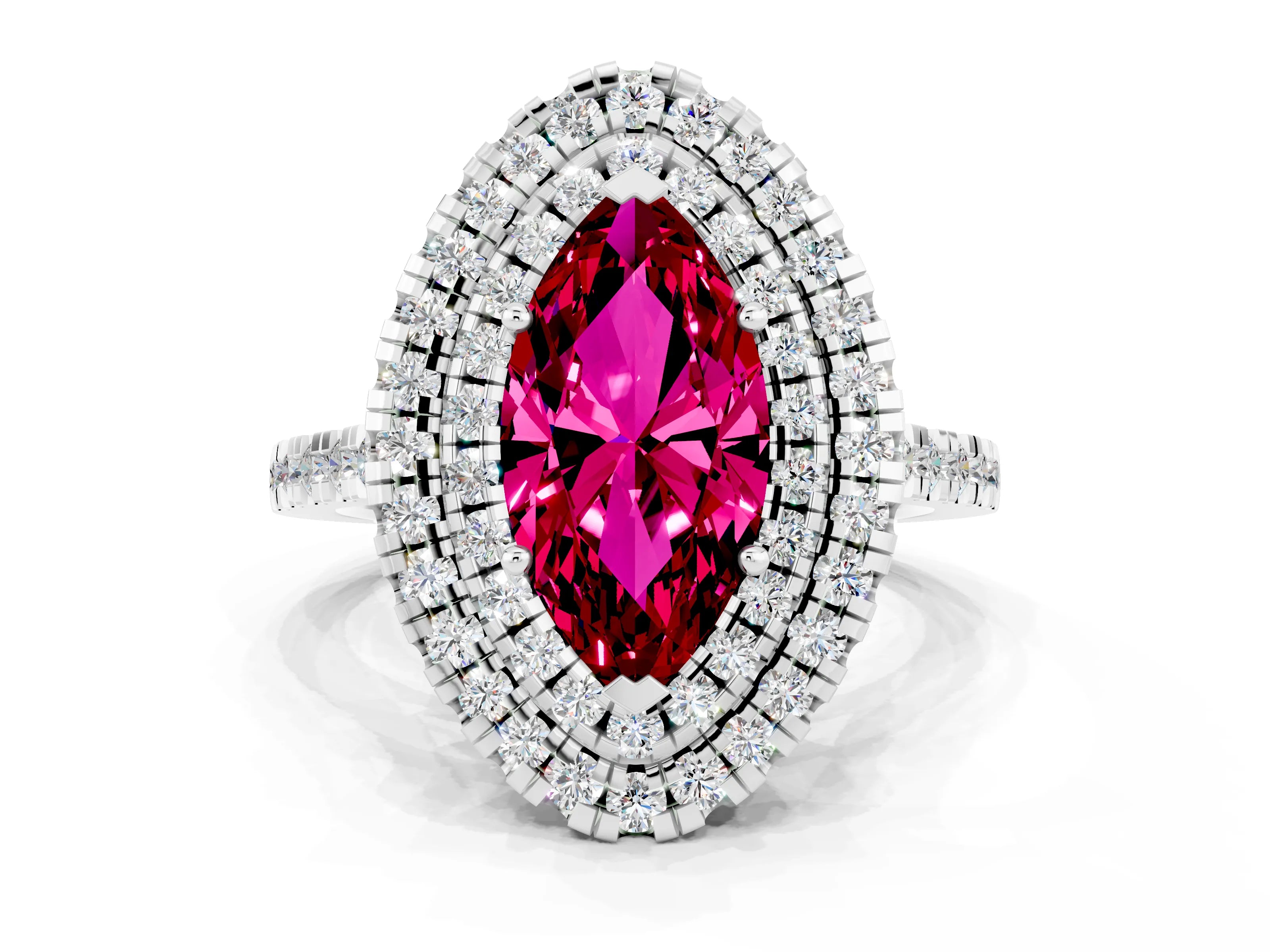 White gold Double Halo Marquise Cut Garnet Pavé Band with Four-Prong Setting