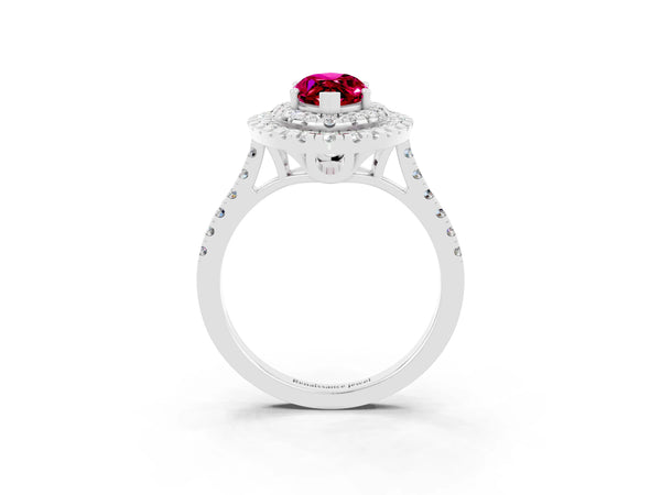 Platinum Double Halo Marquise Cut Garnet Pavé Band with Four-Prong Setting