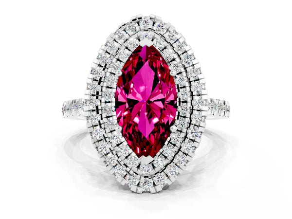 White gold Double Halo Marquise Cut Garnet Pavé Band with Four-Prong Setting