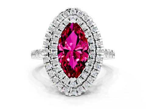 White gold Double Halo Marquise Cut Garnet Pavé Band with Four-Prong Setting