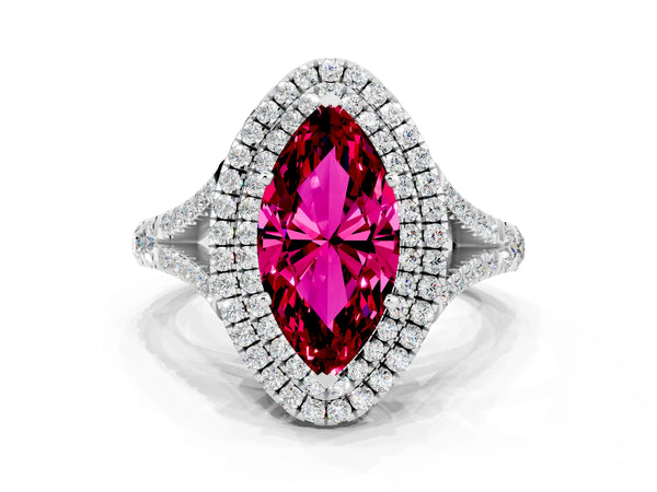 White gold Double Halo Marquise Cut Garnet Pavé Split Shank Ring with Prong Setting