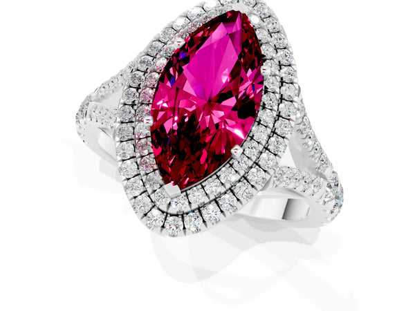 White gold Double Halo Marquise Cut Garnet Pavé Split Shank Ring with Prong Setting