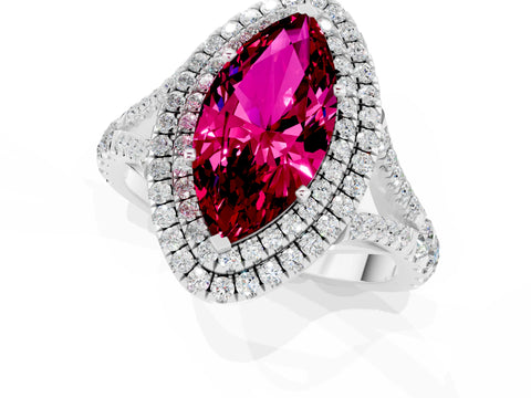 White gold Double Halo Marquise Cut Garnet Pavé Split Shank Ring with Prong Setting_1