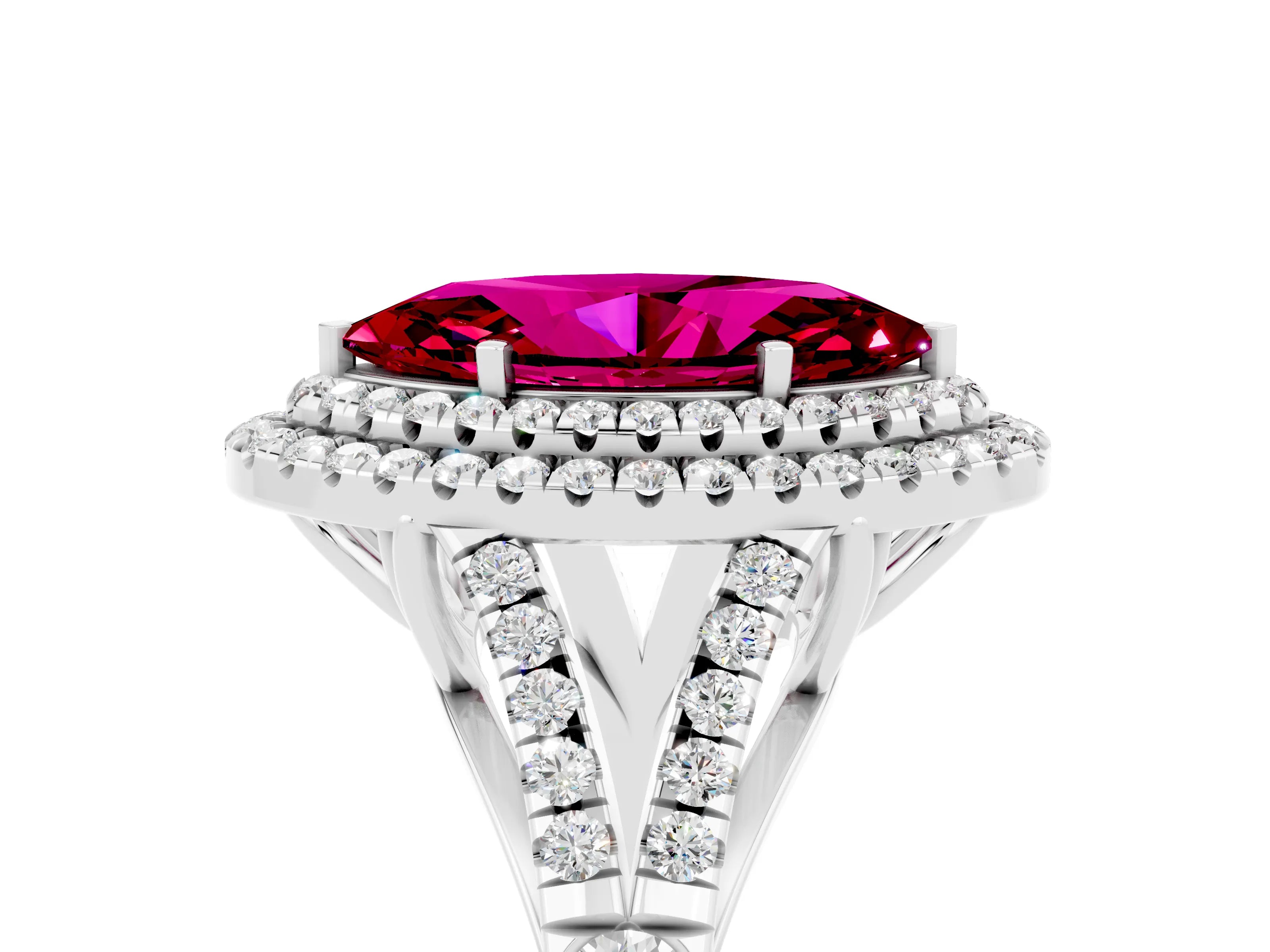 White gold Double Halo Marquise Cut Garnet Pavé Split Shank Ring with Prong Setting_5