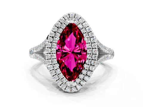 White gold Double Halo Marquise Cut Garnet Pavé Split Shank Ring with Prong Setting