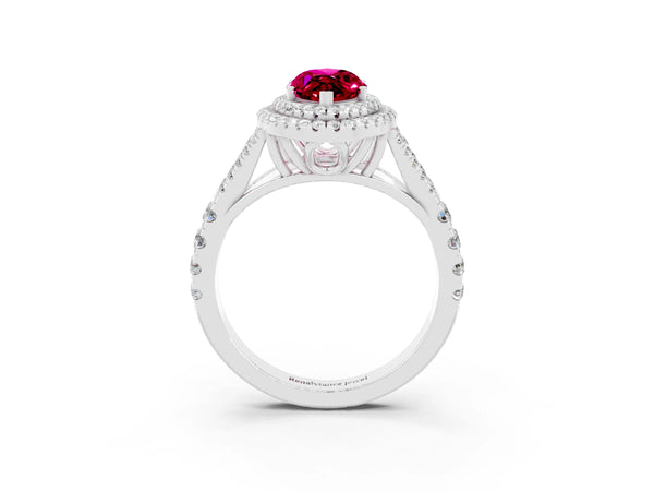 Platinum Double Halo Marquise Cut Garnet Split Shank Engagement Ring with Four-Prong Setting