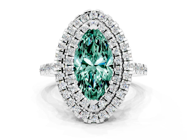 Platinum Double Halo Marquise Cut Green Sapphire Pavé Band with Four-Prong Setting