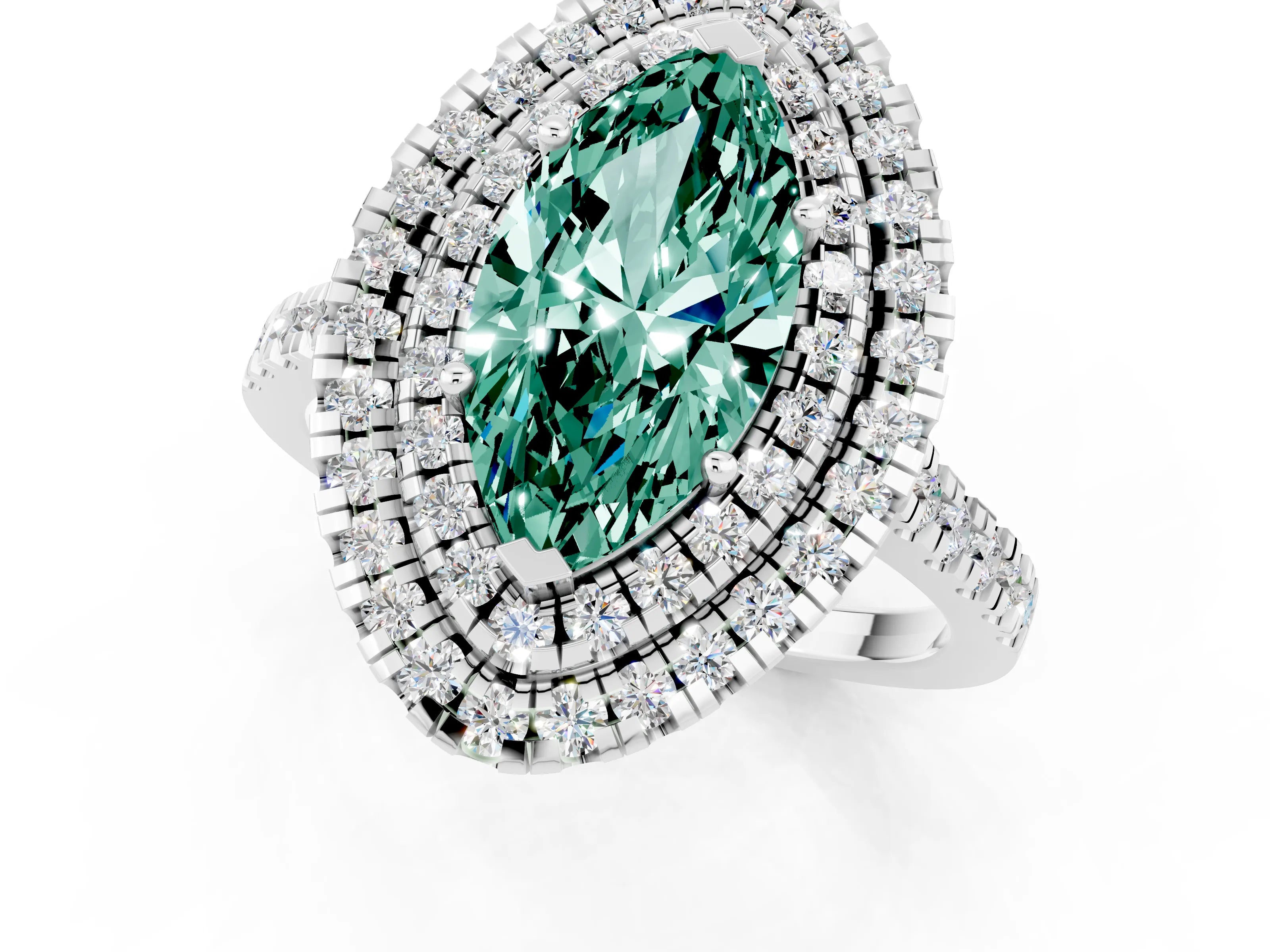 White gold Double Halo Marquise Cut Green Sapphire Pavé Band with Four-Prong Setting_1