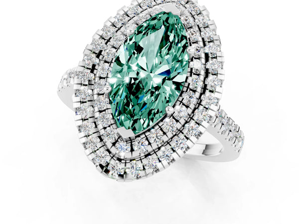 White gold Double Halo Marquise Cut Green Sapphire Pavé Band with Four-Prong Setting