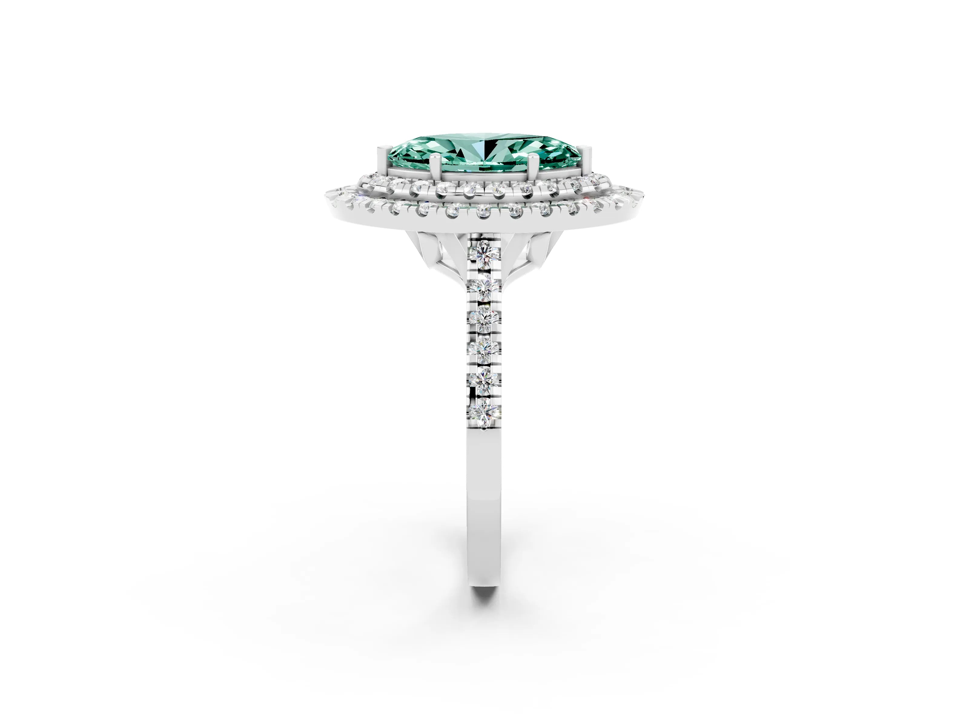 White gold Double Halo Marquise Cut Green Sapphire Pavé Band with Four-Prong Setting_2