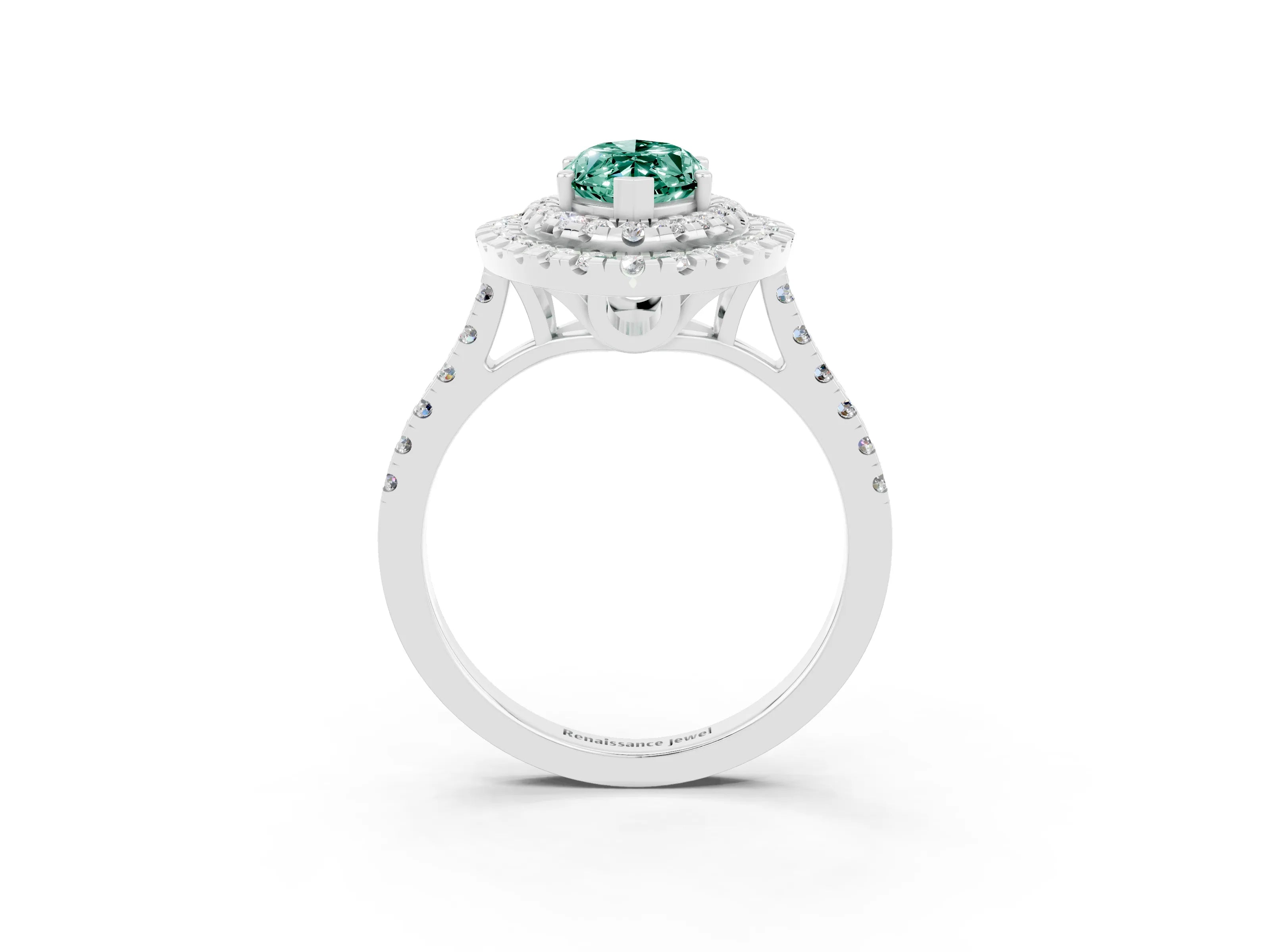 White gold Double Halo Marquise Cut Green Sapphire Pavé Band with Four-Prong Setting_3
