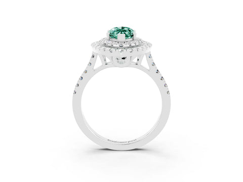 White gold Double Halo Marquise Cut Green Sapphire Pavé Band with Four-Prong Setting_3