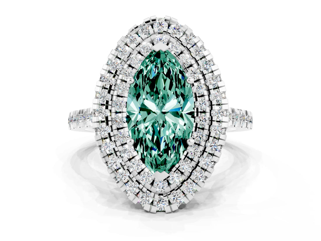 White gold Double Halo Marquise Cut Green Sapphire Pavé Band with Four-Prong Setting