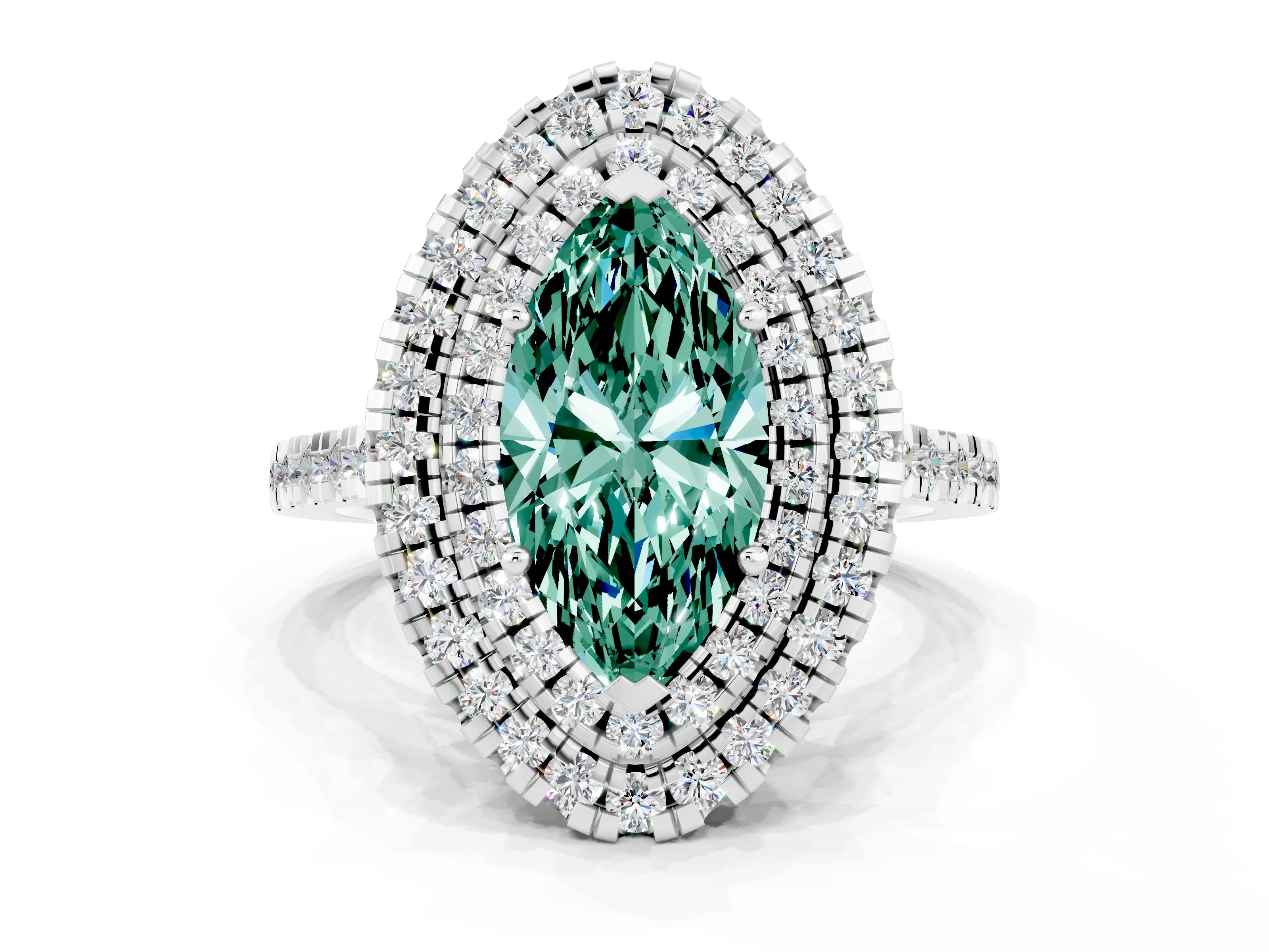 White gold Double Halo Marquise Cut Green Sapphire Pavé Band with Four-Prong Setting