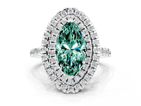 White gold Double Halo Marquise Cut Green Sapphire Pavé Band with Four-Prong Setting