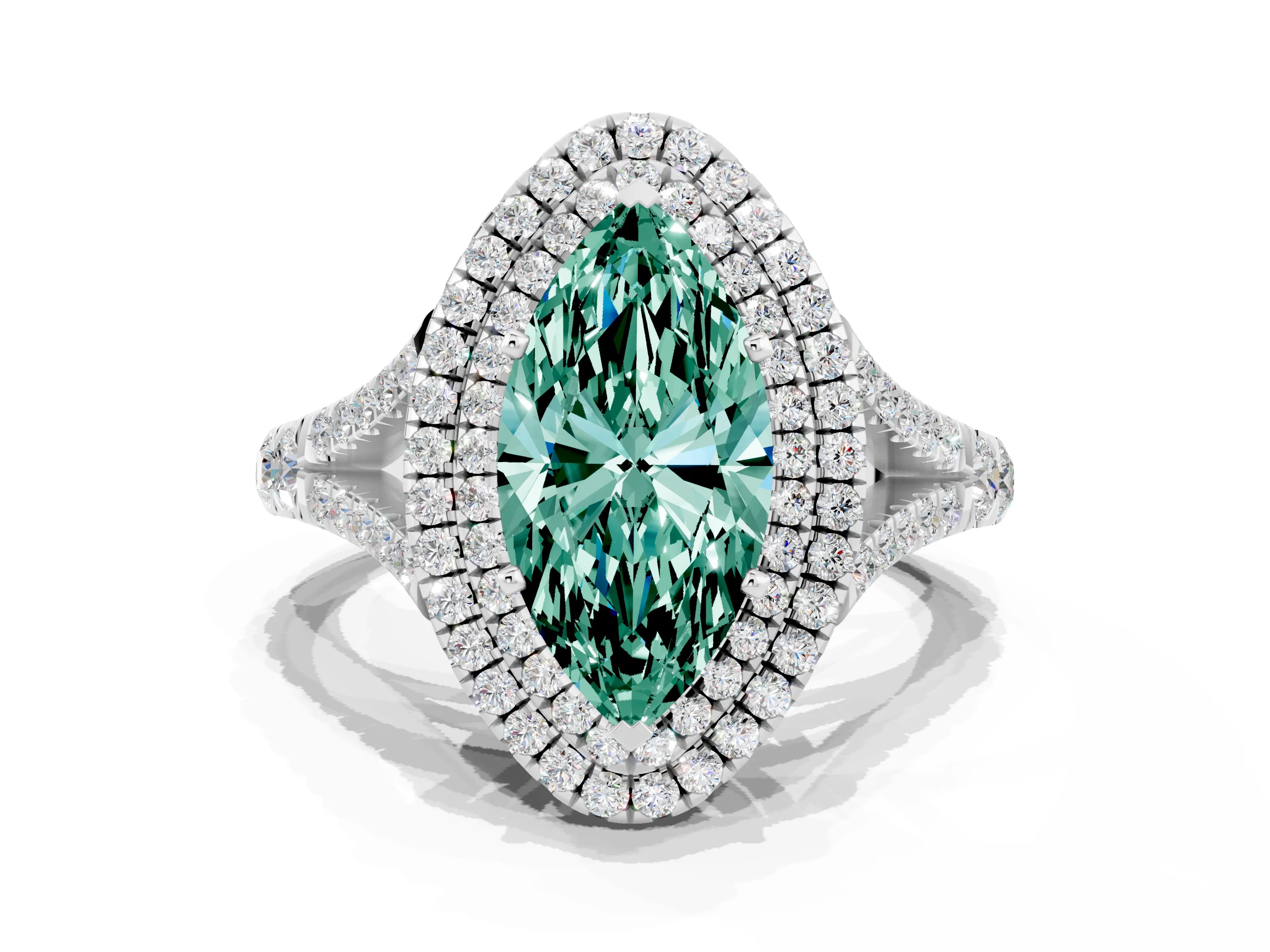 White gold Double Halo Marquise Cut Green Sapphire Pavé Split Shank Ring with Prong Setting