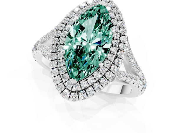 Silver Double Halo Marquise Cut Green Sapphire Pavé Split Shank Ring with Prong Setting