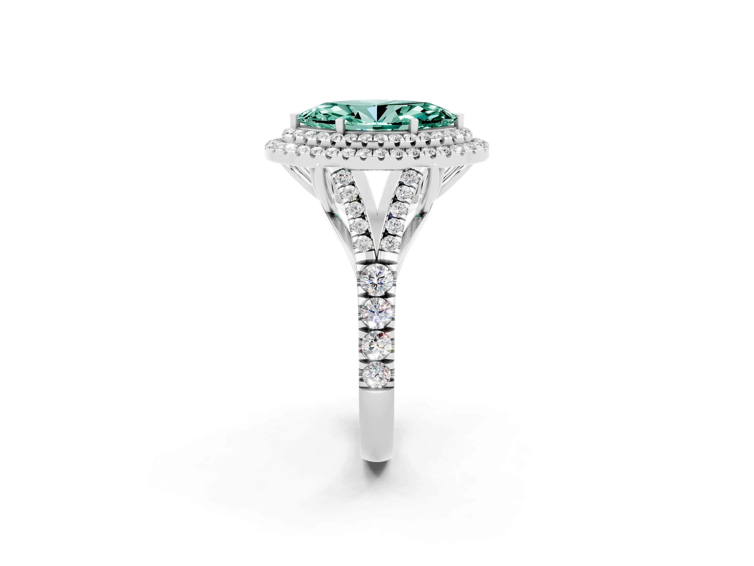 White gold Double Halo Marquise Cut Green Sapphire Pavé Split Shank Ring with Prong Setting_2