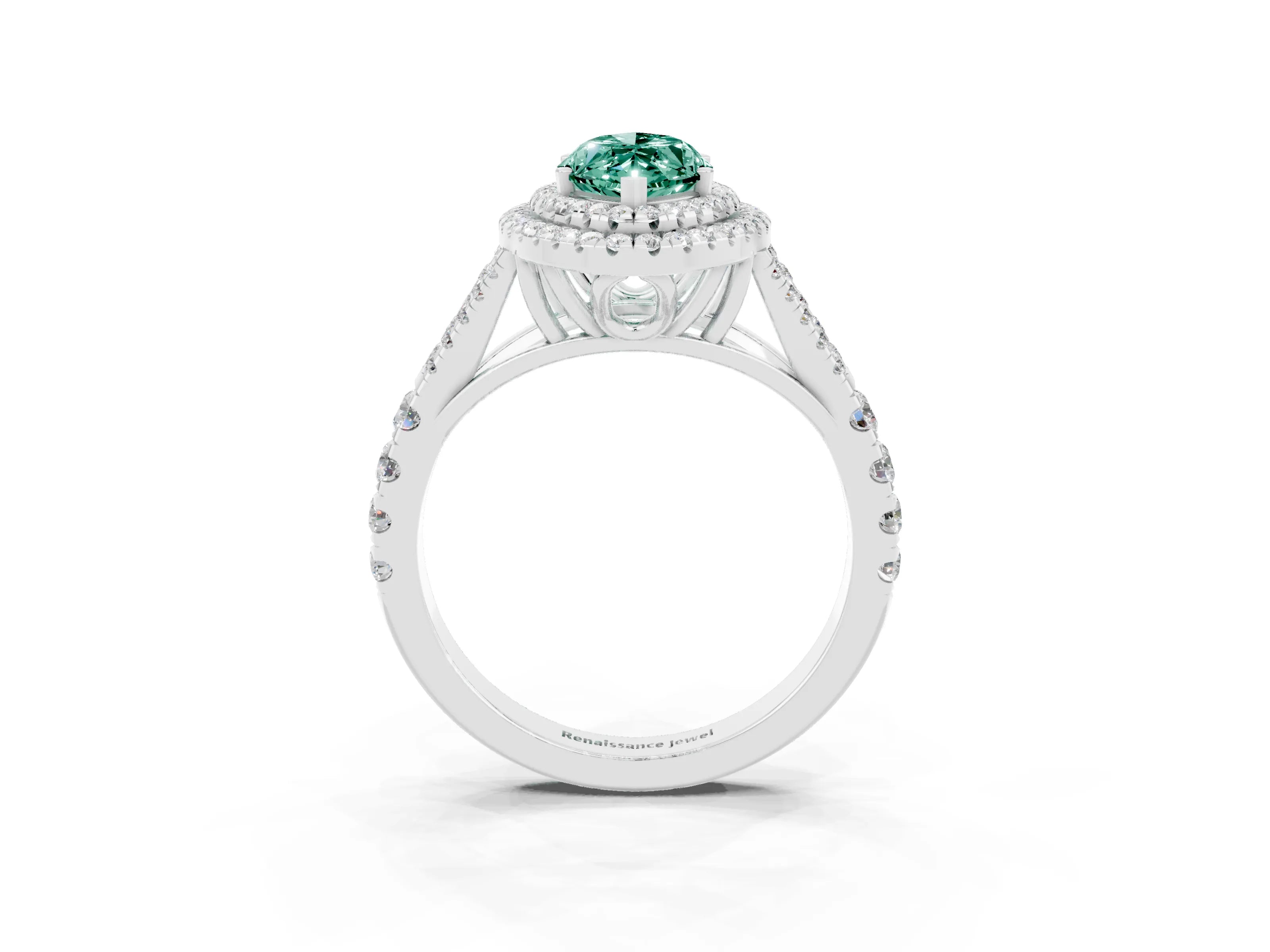 White gold Double Halo Marquise Cut Green Sapphire Pavé Split Shank Ring with Prong Setting_3