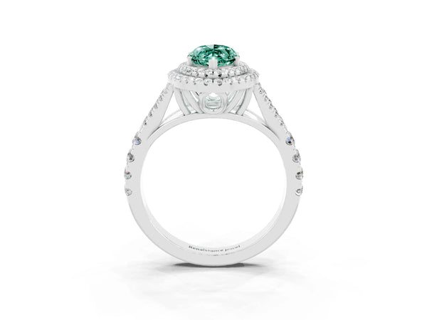 Silver Double Halo Marquise Cut Green Sapphire Pavé Split Shank Ring with Prong Setting