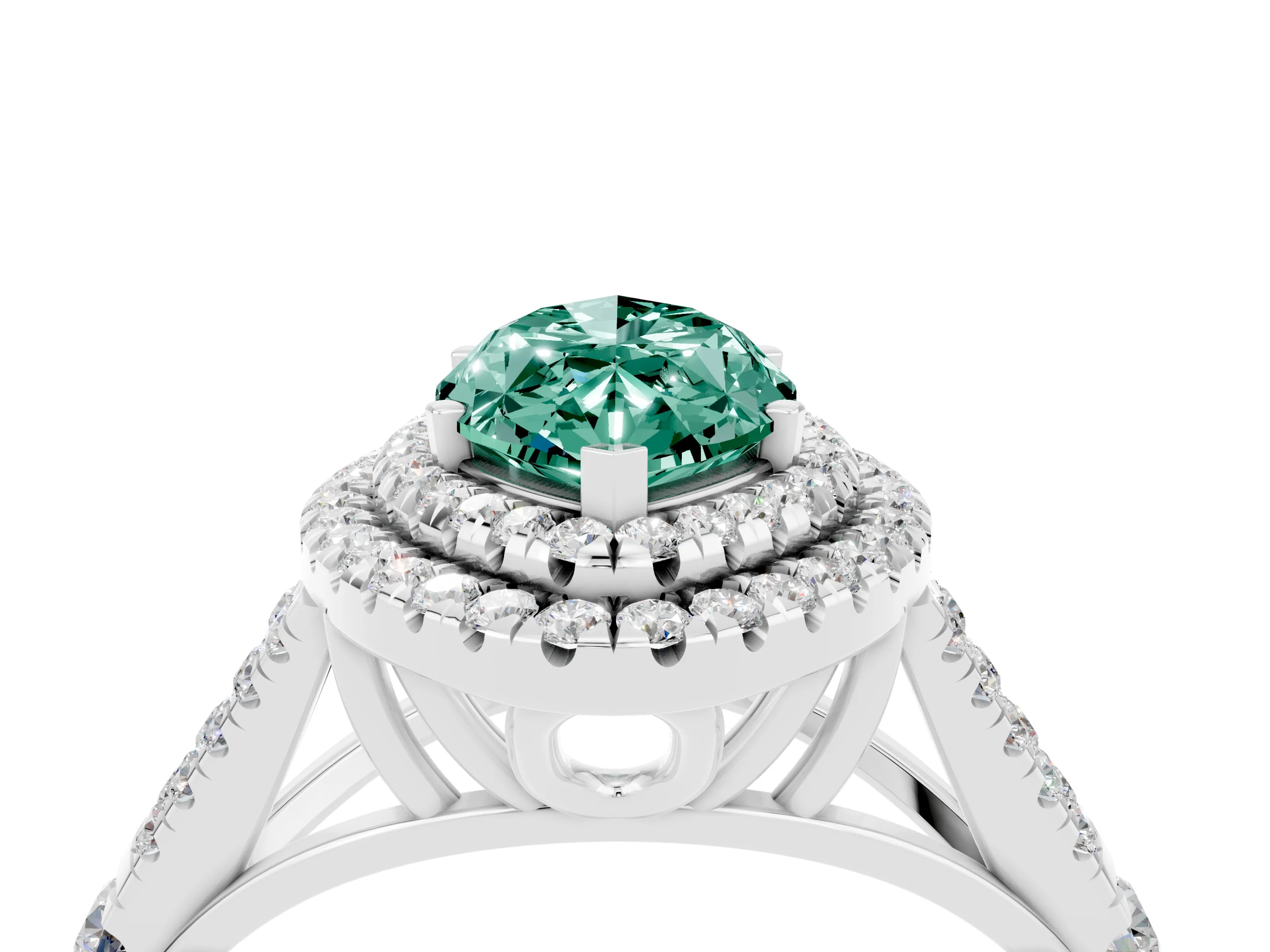 White gold Double Halo Marquise Cut Green Sapphire Pavé Split Shank Ring with Prong Setting_4